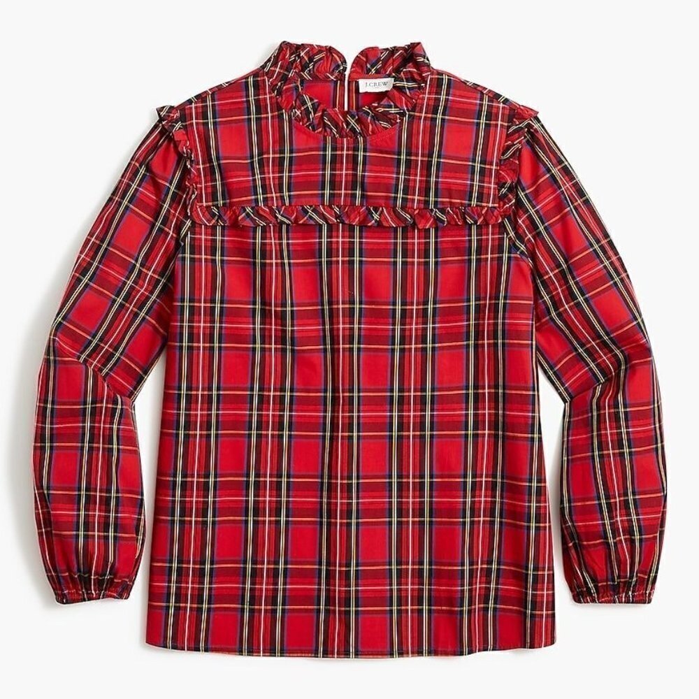 J. Crew Factory Tartan cotton poplin top ruffles BC855 XXS Holiday red